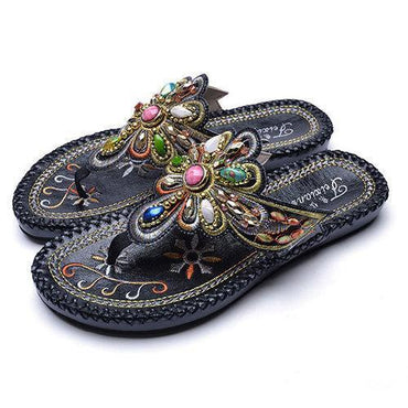 Bohemia Floral Rhinestone Beaded Clip Toe Flat Sandals For Women