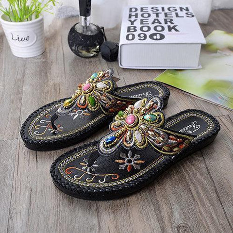 Bohemia Floral Rhinestone Beaded Clip Toe Flat Sandals For Women