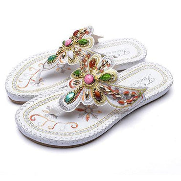 Bohemia Floral Rhinestone Beaded Clip Toe Flat Sandals For Women