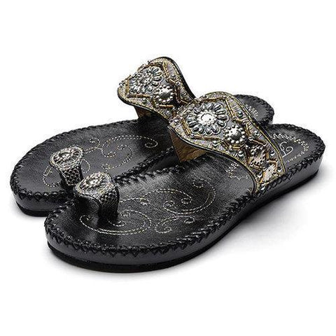 Embroidery Vintage Rhinestone Flat Clip Toe Bohemia Sandals