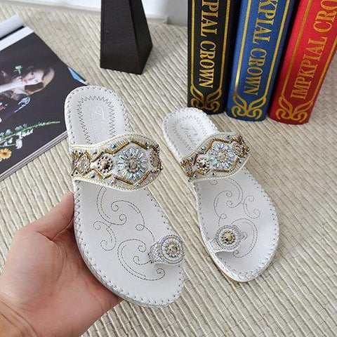 Embroidery Vintage Rhinestone Flat Clip Toe Bohemia Sandals