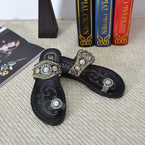 Embroidery Vintage Rhinestone Flat Clip Toe Bohemia Sandals