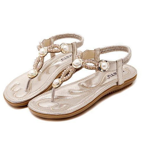 Large Size Beaded Rhinestone Clip Toe Elastic Slip On Sandals