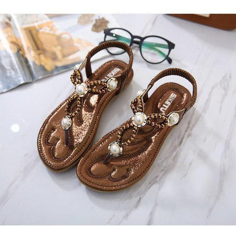 Large Size Beaded Rhinestone Clip Toe Elastic Slip On Sandals