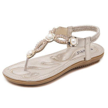 Large Size Beaded Rhinestone Clip Toe Elastic Slip On Sandals