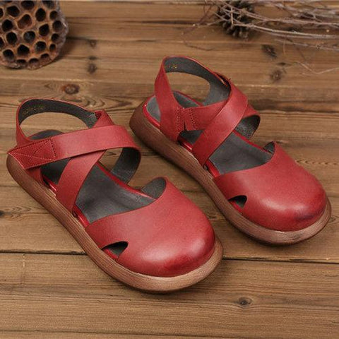 SOCOFY Hollow Out Pure Color Handmade Leather Retro Sandals