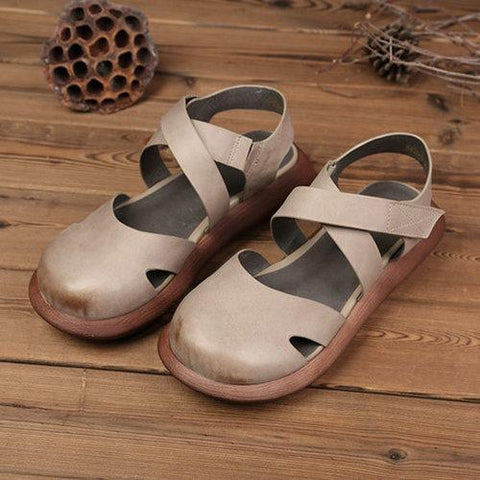 SOCOFY Hollow Out Pure Color Handmade Leather Retro Sandals