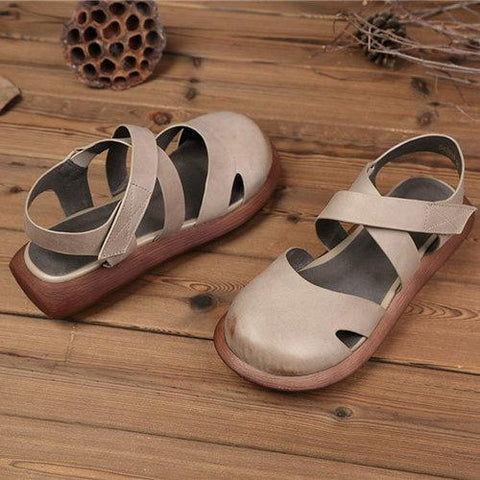 SOCOFY Hollow Out Pure Color Handmade Leather Retro Sandals