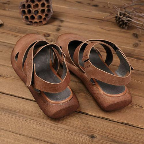 SOCOFY Hollow Out Pure Color Handmade Leather Retro Sandals