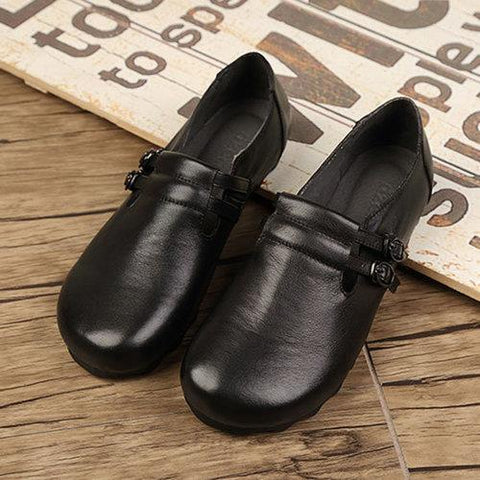 SOCOFY Pure Color Double Buckle Leather Retro Flat Shoes