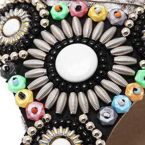 Beaded Bohemia Rhinestone Clip Toe Zipper Flat Sandals