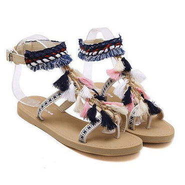 Bohemia Colorful Tassel Peep Toe Buckle Flat Sandals