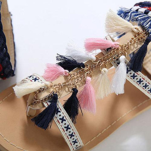 Bohemia Colorful Tassel Peep Toe Buckle Flat Sandals