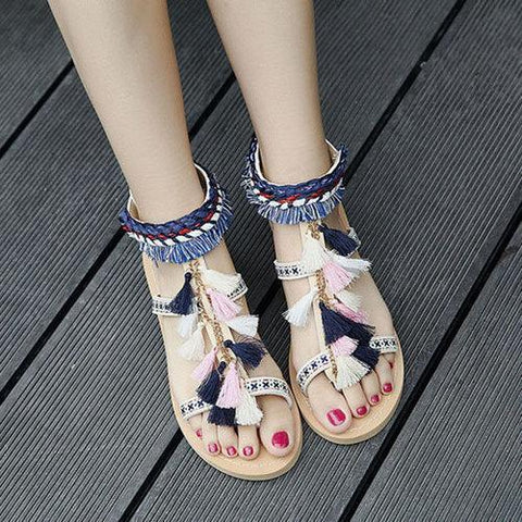 Bohemia Colorful Tassel Peep Toe Buckle Flat Sandals