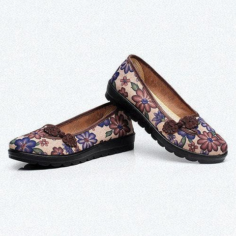 Cotton Fabric Flowers Round Toe Slip On Soft  Flat Shoes