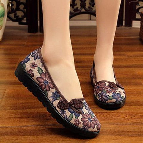 Cotton Fabric Flowers Round Toe Slip On Soft  Flat Shoes