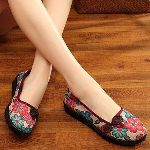 Cotton Fabric Flowers Round Toe Slip On Soft  Flat Shoes