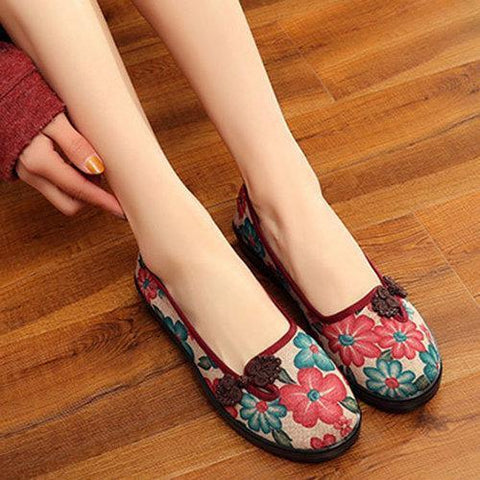 Cotton Fabric Flowers Round Toe Slip On Soft  Flat Shoes