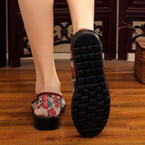 Cotton Fabric Flowers Round Toe Slip On Soft  Flat Shoes