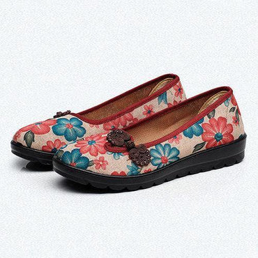 Cotton Fabric Flowers Round Toe Slip On Soft  Flat Shoes