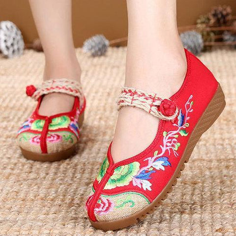 Embroidered Flower Canvas Slip On Flat Vintage Shoes