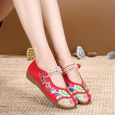 Embroidered Flower Canvas Slip On Flat Vintage Shoes