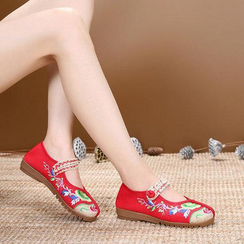 Embroidered Flower Canvas Slip On Flat Vintage Shoes