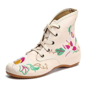 Floral Print  Embroidery Lace Up Retro Wedge Heel Boots