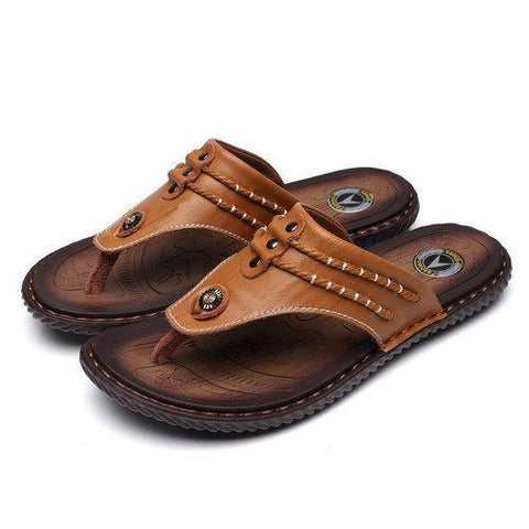 Men Hand Stitching Soft Clip Toe Beach Slippers Waterproof Leather Sandals