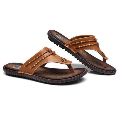 Men Hand Stitching Soft Clip Toe Beach Slippers Waterproof Leather Sandals