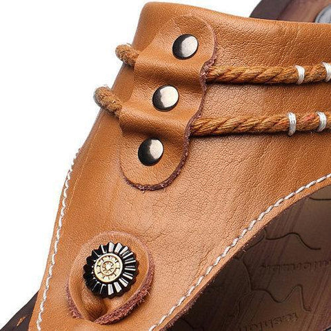 Men Hand Stitching Soft Clip Toe Beach Slippers Waterproof Leather Sandals