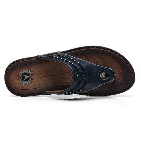 Men Hand Stitching Soft Clip Toe Beach Slippers Waterproof Leather Sandals