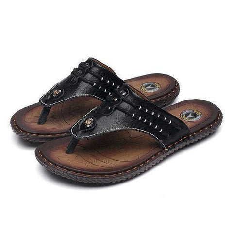 Men Hand Stitching Soft Clip Toe Beach Slippers Waterproof Leather Sandals