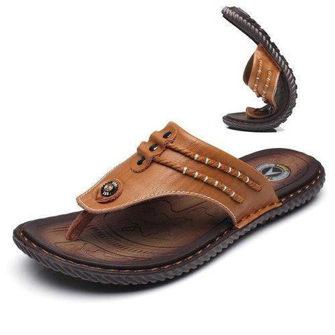 Men Hand Stitching Soft Clip Toe Beach Slippers Waterproof Leather Sandals