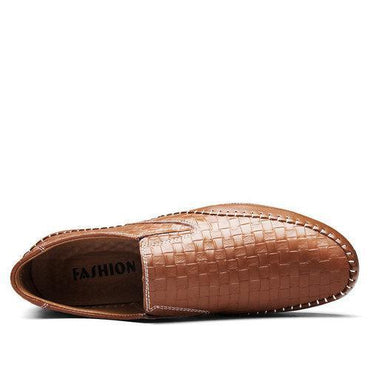 Men Woven Pattern Stitching Slip On Leather Loafers Flat Casual Shoes