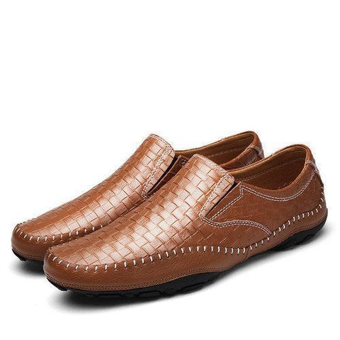 Men Woven Pattern Stitching Slip On Leather Loafers Flat Casual Shoes