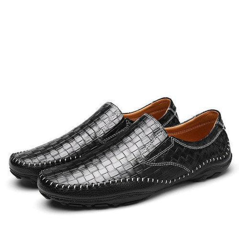 Men Woven Pattern Stitching Slip On Leather Loafers Flat Casual Shoes