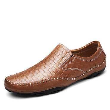 Men Woven Pattern Stitching Slip On Leather Loafers Flat Casual Shoes