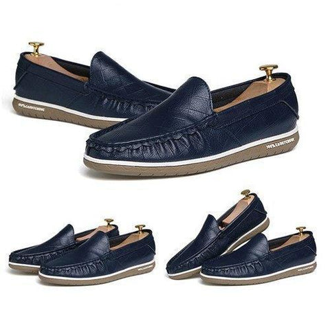 Men Pure Color Breathable Soft Wear Resistant Plaid Slip On Leather Loafers