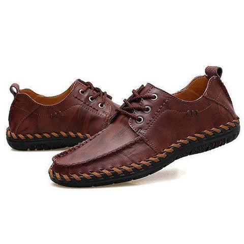 Men Hand Stitching Stylish Soft Breathable Lace Up Leather Casual Shoes