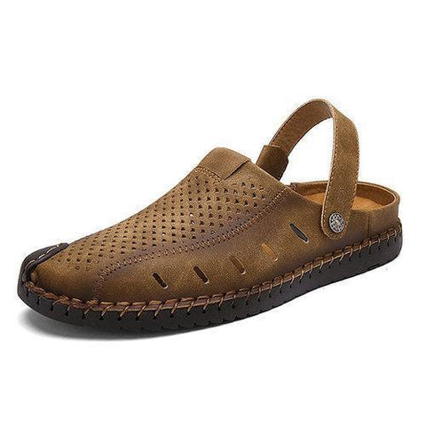 Men Leather Hand Stitching Breathable Hole Toe Protecting Beach Sandals