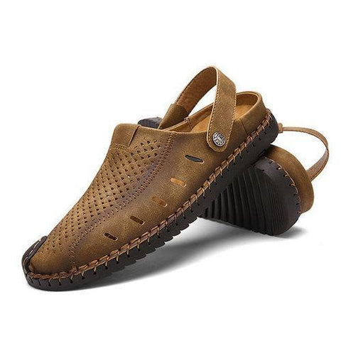 Men Leather Hand Stitching Breathable Hole Toe Protecting Beach Sandals