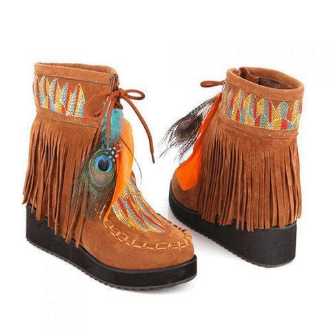 Large Size Embroidered Tassel Feather Warm Fur Lining Short Boots