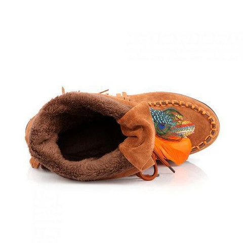 Large Size Embroidered Tassel Feather Warm Fur Lining Short Boots