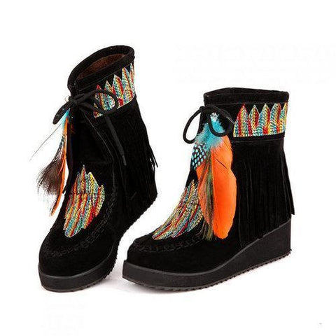 Large Size Embroidered Tassel Feather Warm Fur Lining Short Boots