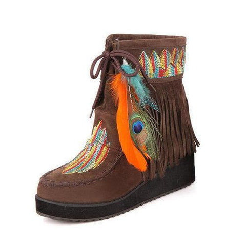 Large Size Embroidered Tassel Feather Warm Fur Lining Short Boots