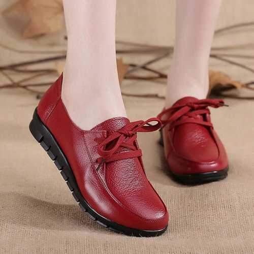 Pure Color Leather Lace Up Flat Soft Casual Shoes For Women