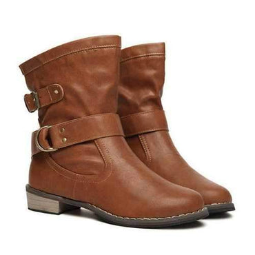 Buckle Mid Calf Slip On Flat Casual Boots