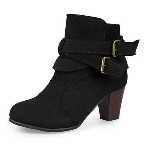 Warm Female Suede Sexy Square Heel Pure Colour Ankle Buckle Boots