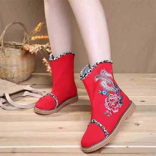 Embroidered Flower Warm Fur Lining Folkways Mid Calf Flat Boots